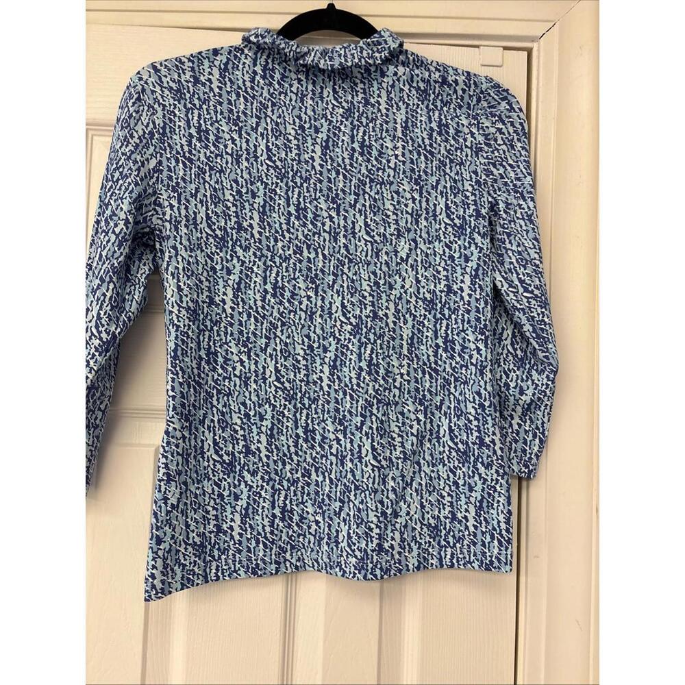 J Mclaughlin XS Blue Patterned Ruffle Neck 3/4 Sleeve Top - Picture 8 of 8